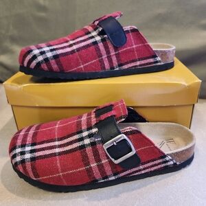 Y2K Red Plaid Fabric Slip On Slides Mules Shoes with Buckle Womens 10M NEW